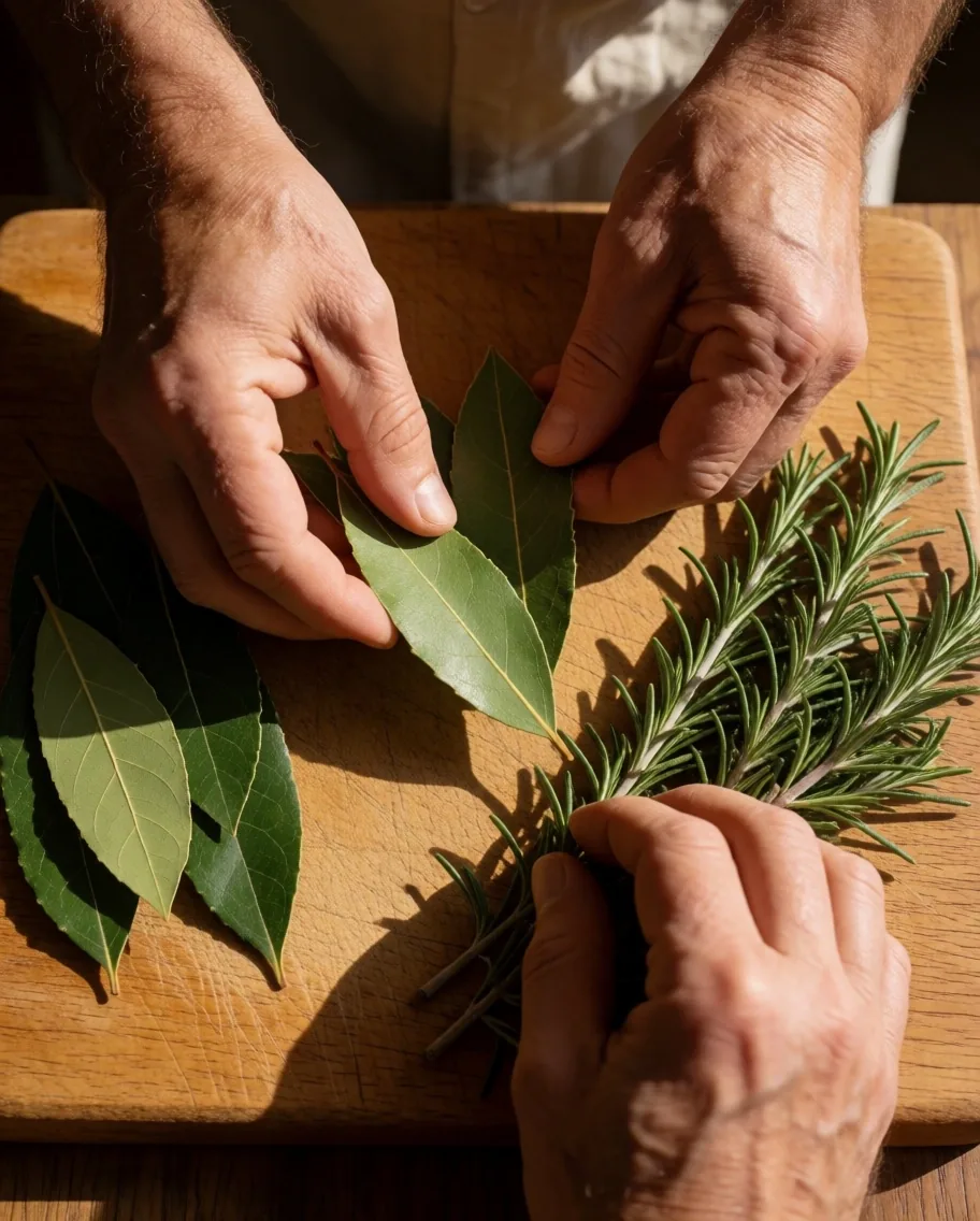 Manos sosteniendo hierbas frescas sobre tabla de madera