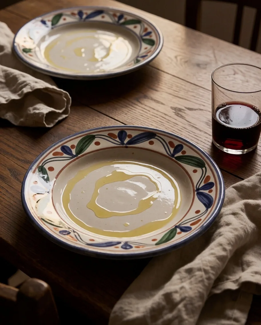 Mesa de sobremesa con vajilla y copa de vino