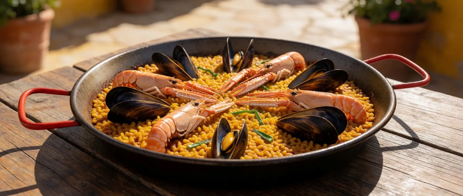 Paella tradicional con azafrán y marisco