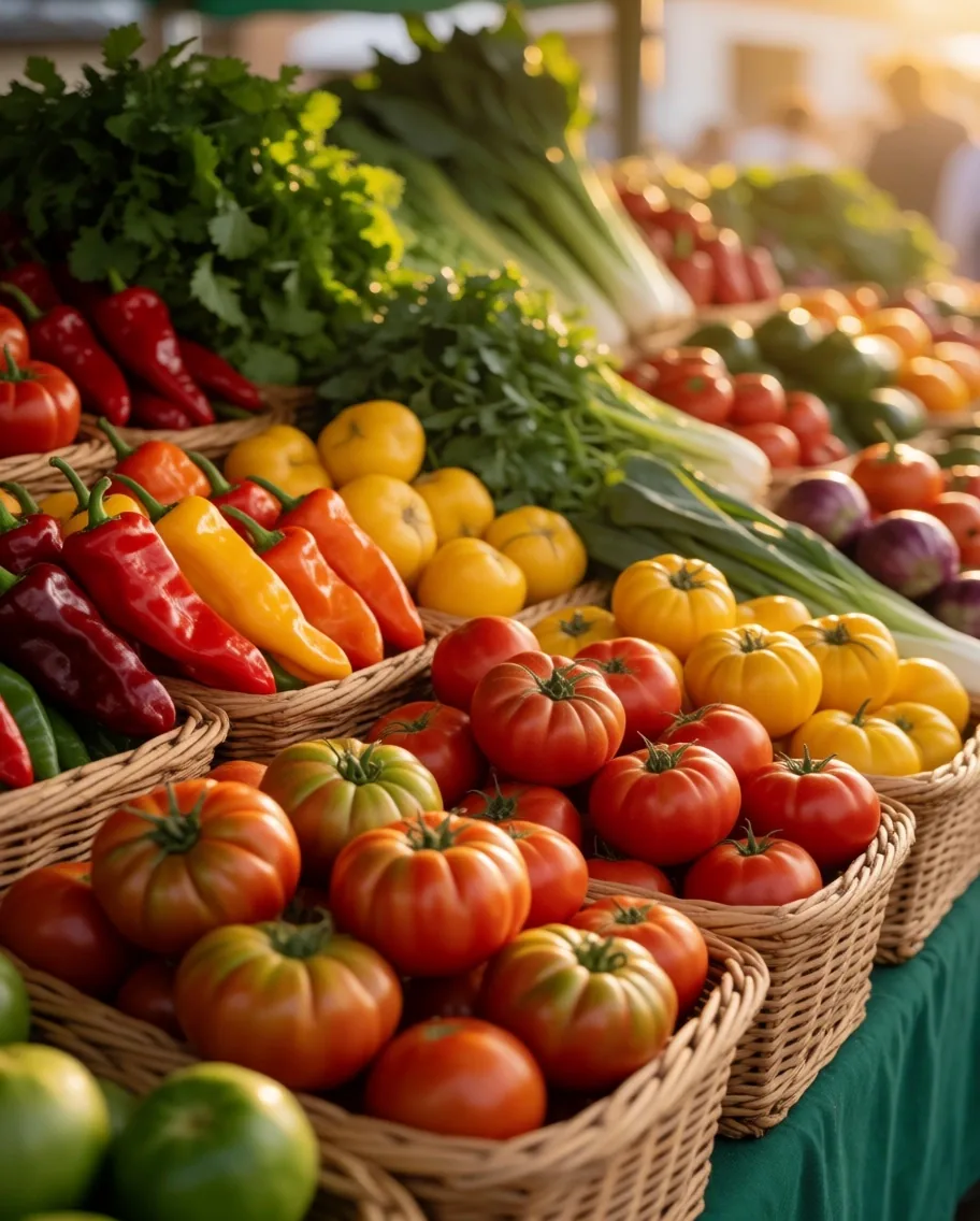 Puesto de mercado con verduras frescas de temporada
