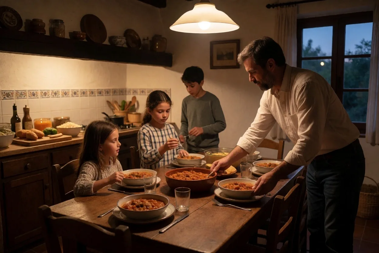Familia preparando la cena con comida planificada