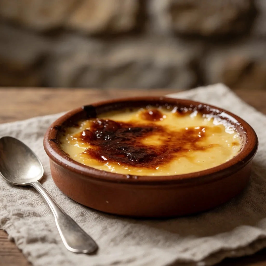 Flan tradicional con caramelo y crema catalana