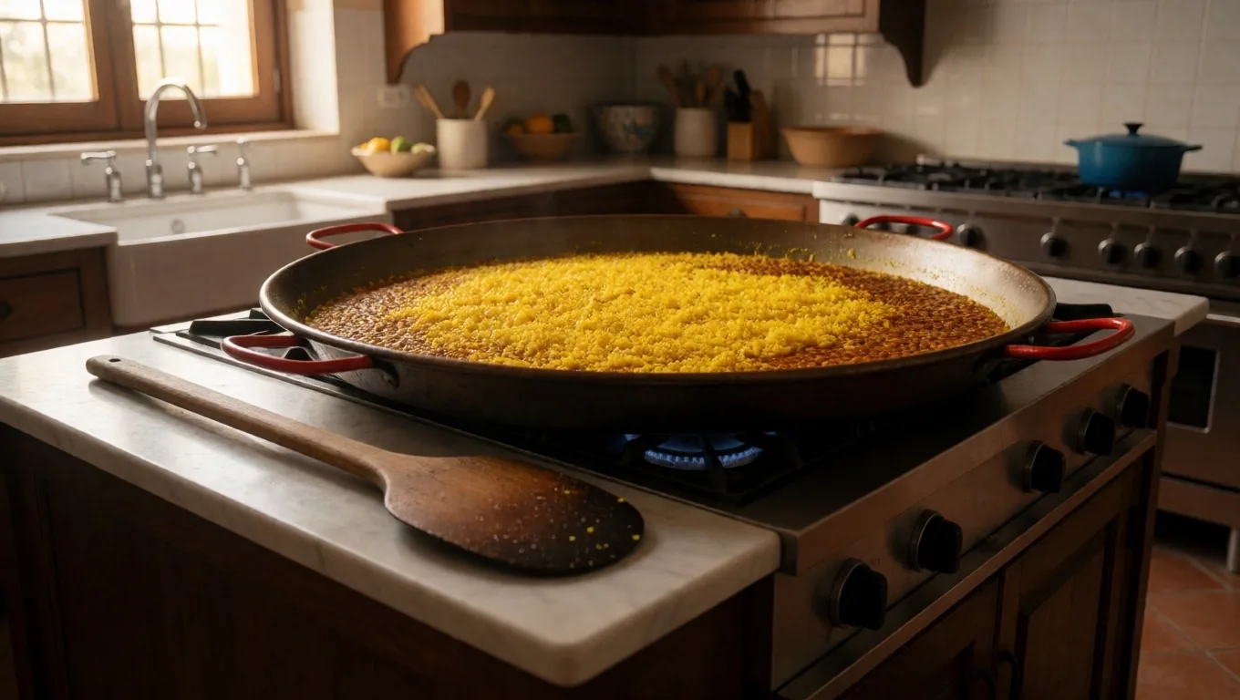 Paella de azafrán sobre encimera de mármol