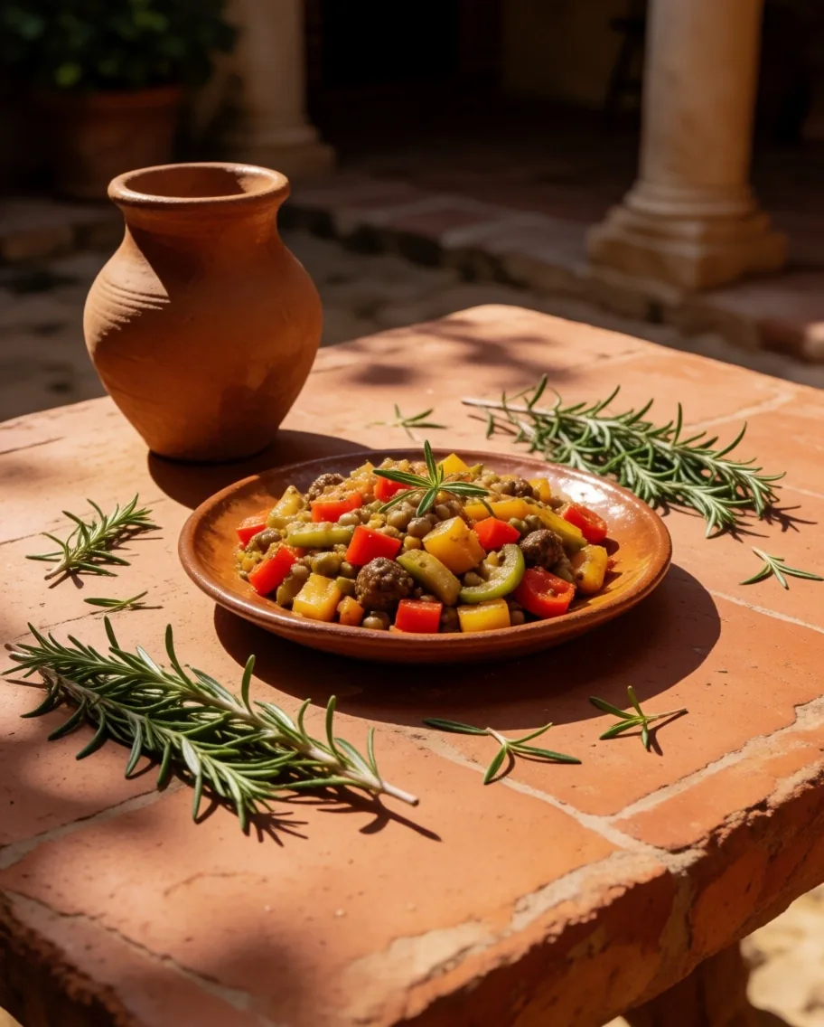 Verduras asadas mediterráneas en bandeja de cerámica