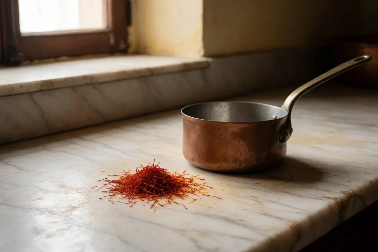 Cocina española con sartén de cobre y hebras de azafrán sobre mármol