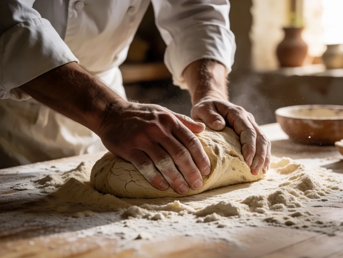 Manos amasando pan en una cocina rústica española