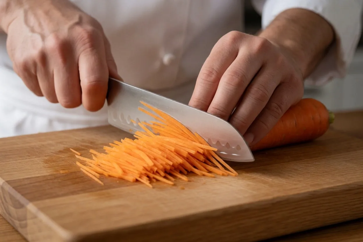 Manos de un chef cortando verduras en juliana sobre una tabla de madera