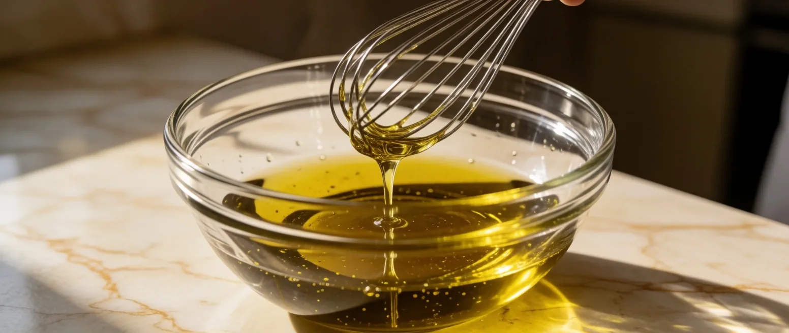 Mayonesa casera emulsionándose con aceite de oliva en un bol