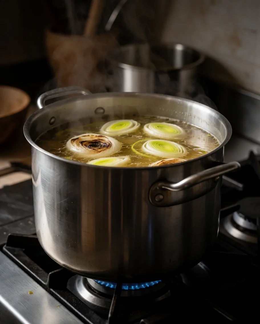 Olla de caldo casero cociéndose a fuego lento con huesos y verduras