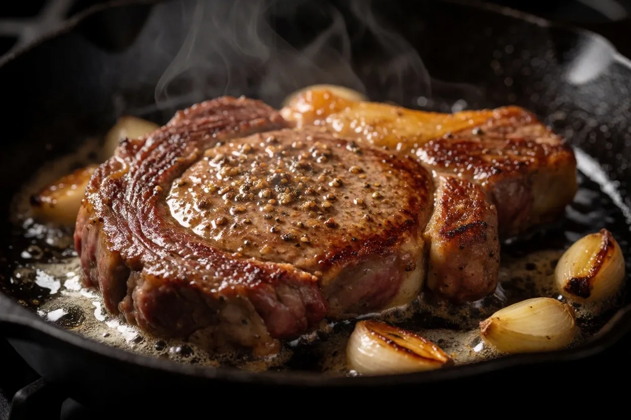 Sello de Maillard en un corte de carne en sartén de hierro fundido