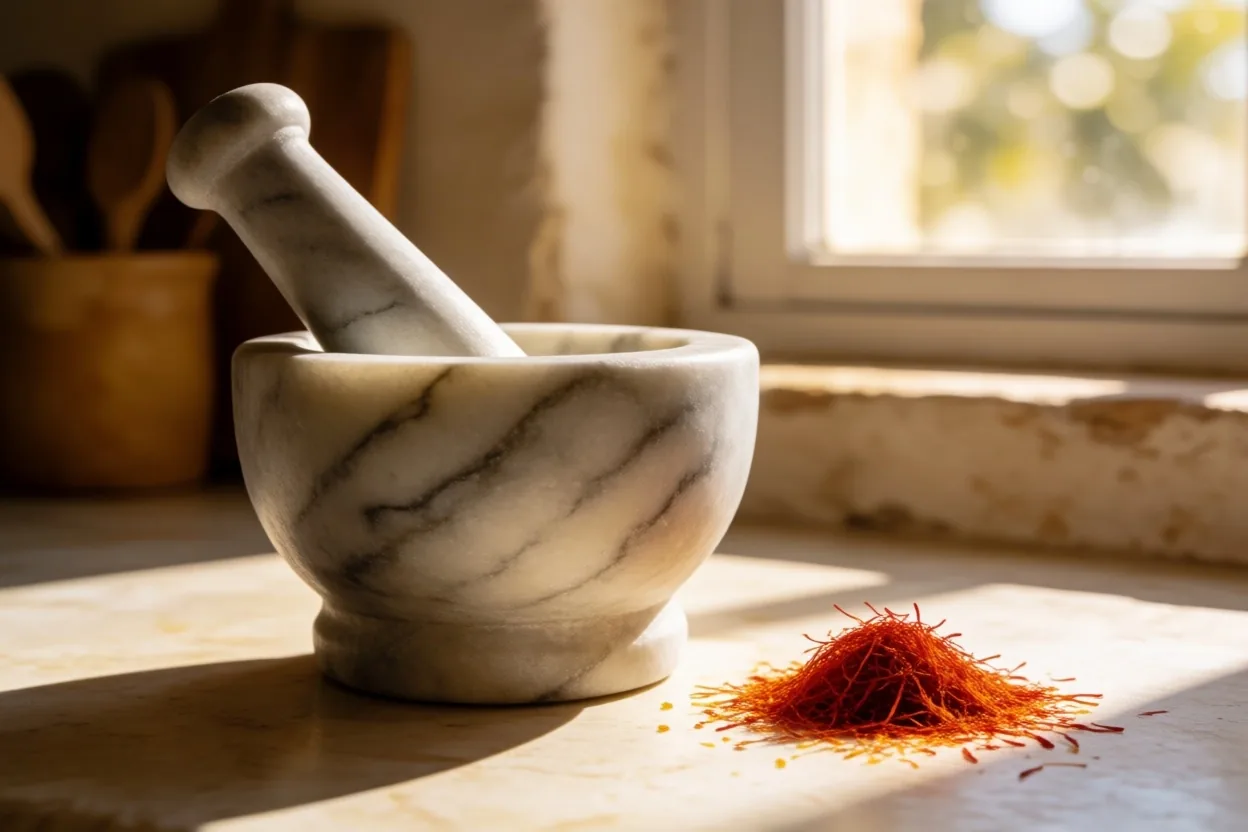 Superficie de cocina de madera con hilo de azafrán y mortero bajo luz de ventana